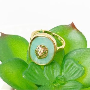 Gemstone Oval Bezel Ring Amazonite Lion Head Gold